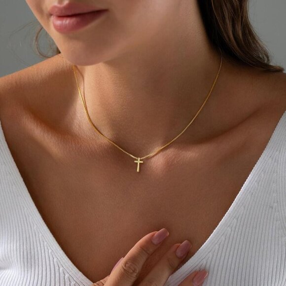 Gold Cross Necklace for Women Trendy, 14K Gold Plated Charm Choker, Religious Fa - Picture 3 of 9